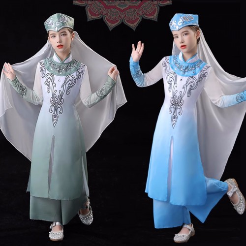 Kids Purple blue green Chinese Xinjiang dance dresses for girls Ethnic minority  Hui ethnic Kazakh dance costumes children's Xinjiang Uyghur performance wear
